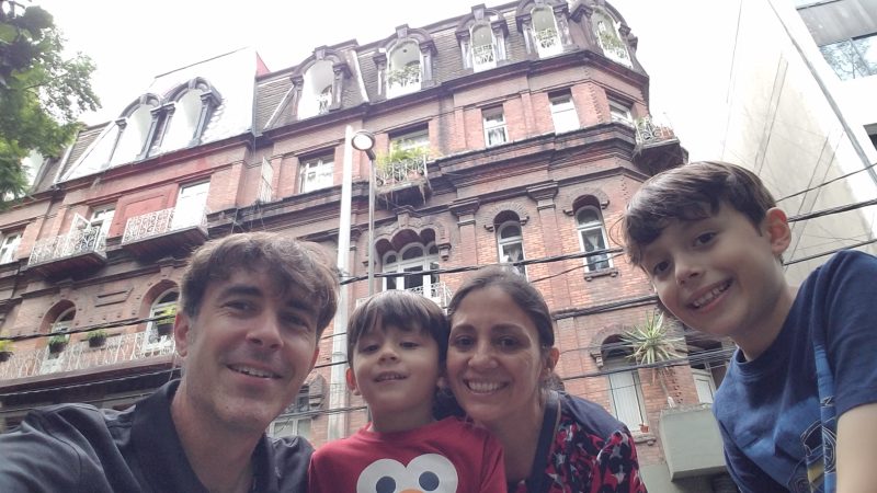 The Herlihy-Mera family in front of Mansión de Drácula in Colonia Roma