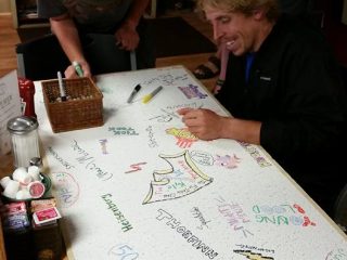 Northbound AT through hikers signing a ceiling tile. Photo credit: J. Knox, May 2018