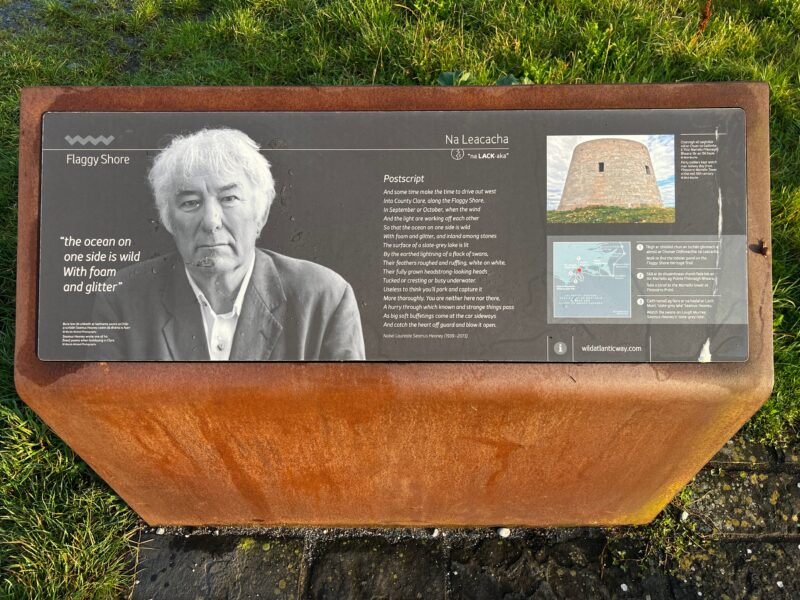 A roadside marker honoring Seamus Heaney's poem "Postscript" along the Flaggy Shore in County Clare, Ireland.